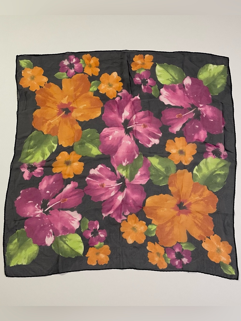 Ellen Tracy Sheer Black Square Scarf with Orange and Pink Hibiscus Flowers